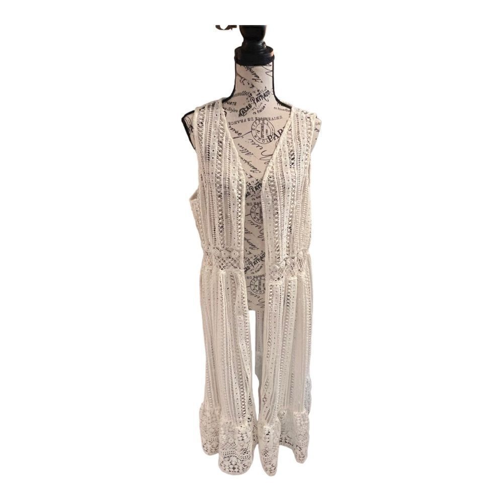 NWOT ndigo Thread Co. Lace Sleeveless Open Front Flounce Hem Duster Vest Sz M